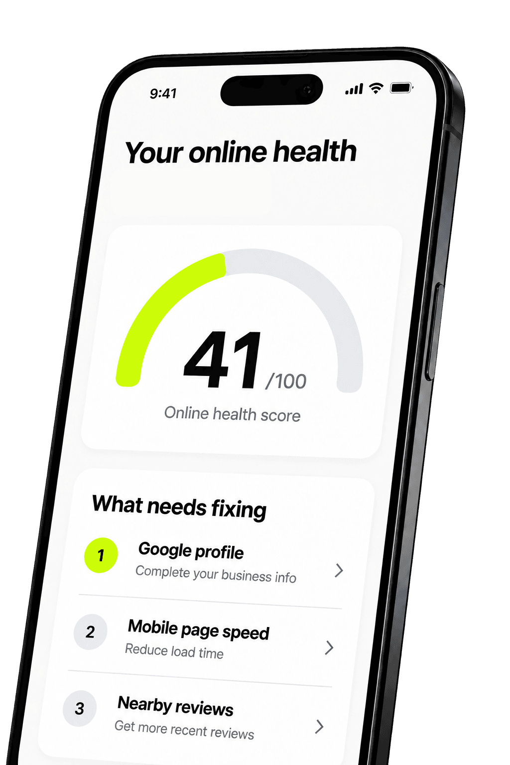 An angled phone showing an online health score of 41 out of 100 and recommended fixes.